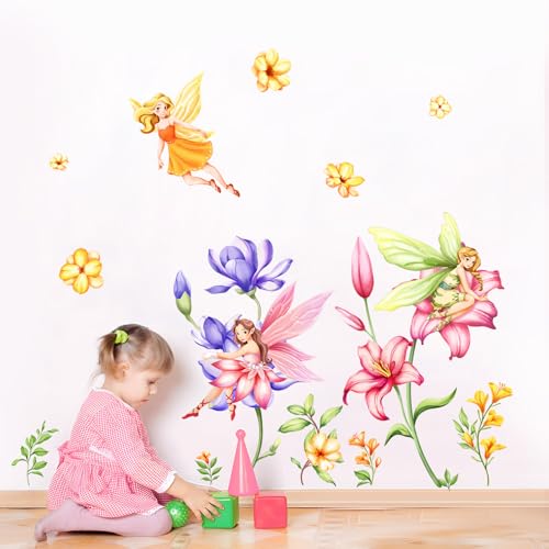 Flower Fairy Wall Decals Flying Elves Garden Floral Wall Stickers Peel and Stick Girls' Room Wall Art Decor for Kids Bedroom Living Room Nursery Playroom Home Decor
