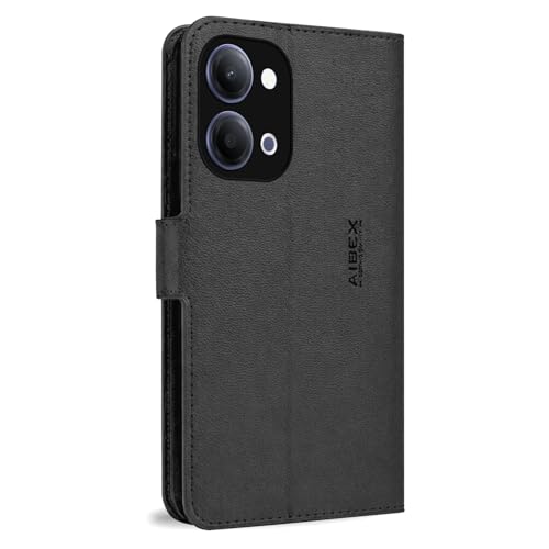 Image of AIBEX Compatible for Vivo Y21 5G / Vivo Y11 5G Flip Cover Leather Finish | Inside TPU with Card Pockets | Wallet Stand | Complete Protection Flip Case Black