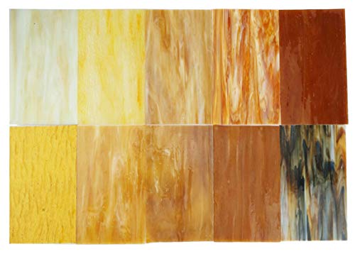 Lanyani（10 Sheets）Amber Variety Stained Glass Sheets 4 X 6 Inch Opal Art Glass Pack Tiffany Glass, Mixed Textures #TOP2
