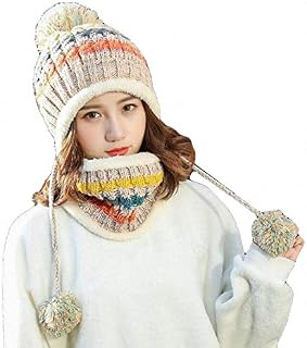 Women Knitted Hat Scarf Set Winter Warm Thicken Crochet Bobble Pom Pom Beanie Hat Cap Outdoor Ski Snowboard Cycle Bobble Hemming Hats with Fleece Lining