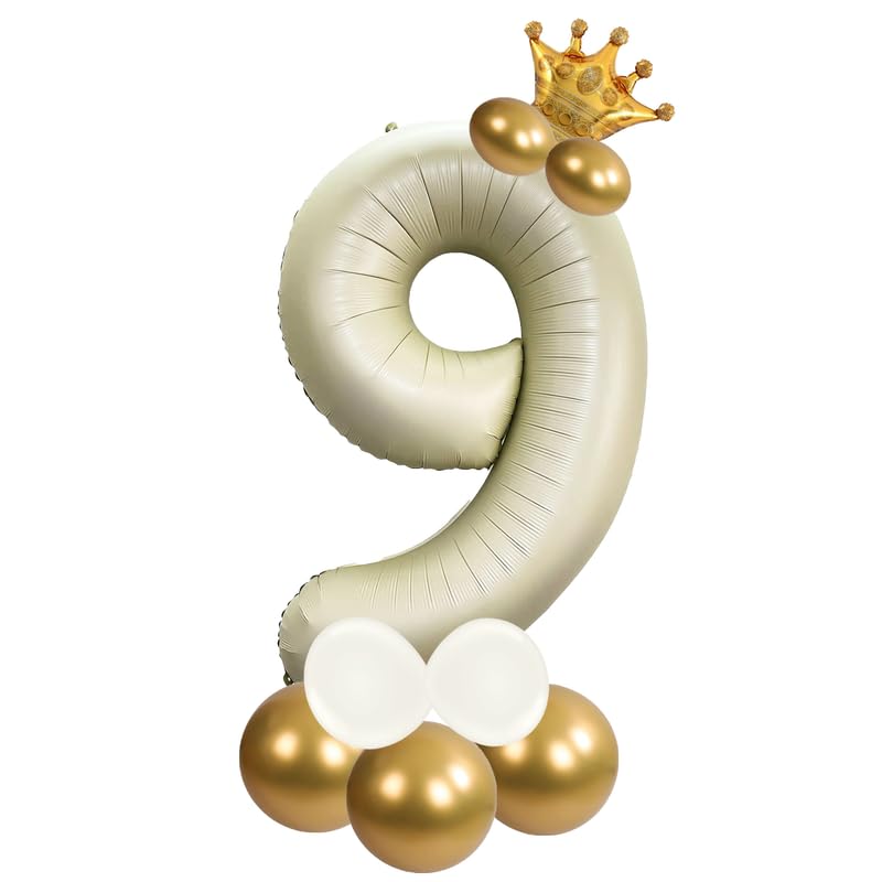 Image of Cream Color 32 Inch Number Helium Foil Balloon For Birthday Decoration Items | Number foil Balloon 9 | Anniversary Decoration Items | Pack of 14