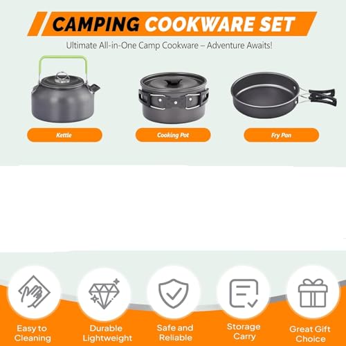 Image of NILKANTH Camping Cookware Outdoor Kettle Pot Pan Utensil Backpacking Out Bag Cooking Picnic Cookset for 2 Person (Black)