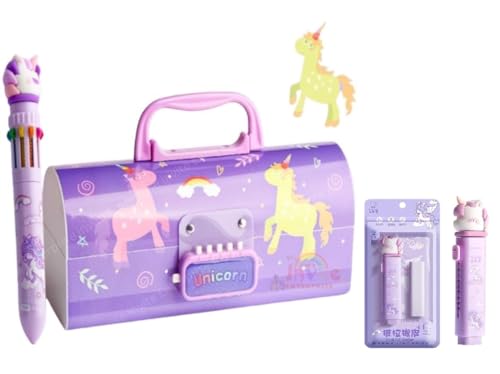 Image of WORSHIPER New Cartoon Theme Pencil Box with Push Pull Eraser Set for Kids | Suitcase Style Password Lock Stationery Organizer | School Supplies Gift Combo for Boys & Girls (Purple Unicorn + Eraser)