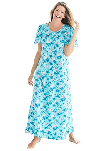 Dreams & Co. Plus Size Long Floral Print Cotton Gown - 1X, Caribbean Blue Roses