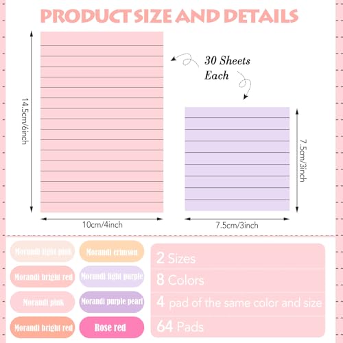 Image of Yexiya 64Pcs Lined Sticky Notes 4x6'' 3x3'' Self Stick Notepad Pastel Color