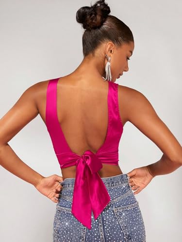 WDIRARA Women's Satin Backless Crop Top Tie Back Sleeveless Ruched Party Blouse Tops2