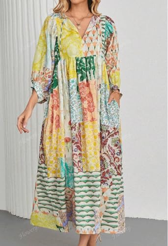 Image of CHARTOU Women Boho Floral Printed Long Dress Summer Lantern Half Sleeve Beach Flowy Loose Swing Chiffon Sundress