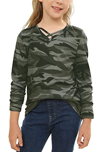 Image of Girls Camouflage Stripe Short Sleeve Shirts V Neck Criss Cross Tees Sweat Kids Casual Sport Tops Blouse(4-15T)