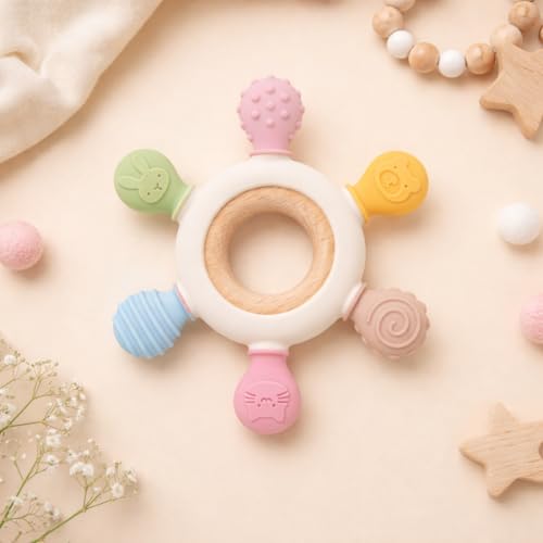 Image of Silicone Baby Teething Ring, Multi-Coloured Textured Sensory Toy with 6 Soothing Elements Baby Teether 6-12 Months Soft