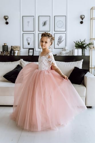 Lace Appliques Wedding Flower Girl Dress Tulle Floor Length First Communion Gown Sheer Long Sleeves Pageant Dress for Party3