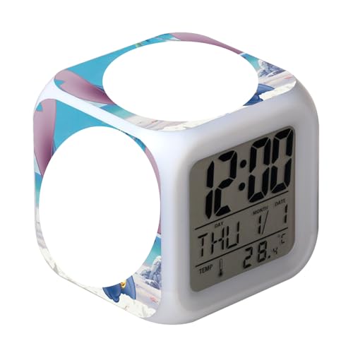 Pianocean Kids Alarm Clock Digital Clock Bedside LED with Charging Cable Sleep Trainer Small Cube Alarm with 7 Change Color Lights Temperature Calendar Music for Kids Gift Bedroom Bedside(Blue)