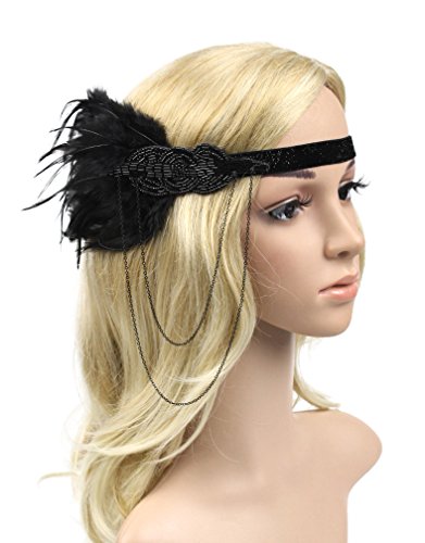 Women's Vintage 1920s Great Gatsby Flapper Headband Feather Wedding Party Headpiece (#3 Black)