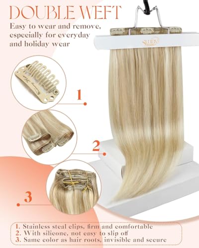 Image of Sunny Hair Clip in Hair Extensions Real Human Hair Blonde Highlights 135g | Honey Blonde Remy Hair Clip in Extensions with Full Head Thickness, Rounded Ends and Satin Texture for Office Hair 16 Inch