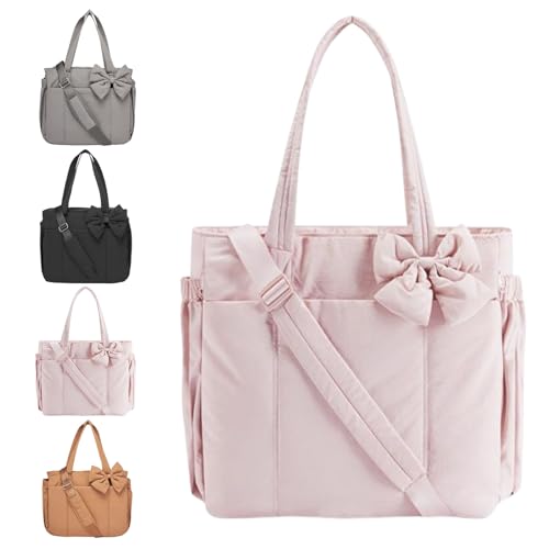 Crush Bow Tote Bag for Women,Lightweight Puffy Quilted Bow Handbag Shoulder Bag with Compartments for Daily,Work,Travel,Beach
