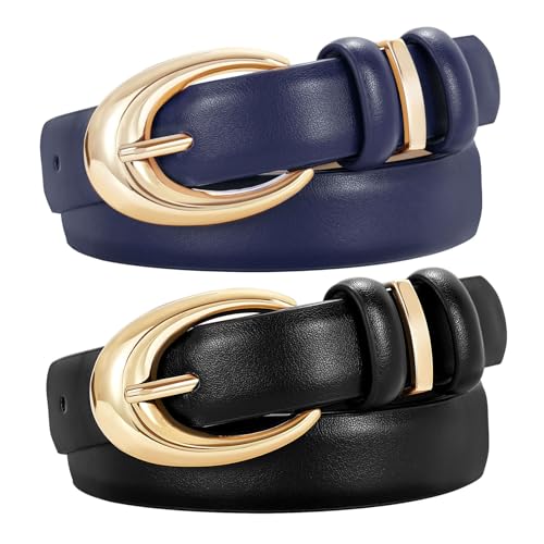 Image of TRIWORKS 2 Pack Women Leather Belt for Jeans Pants Fashion Ladies Faux Leather Belt with Gold Buckle
