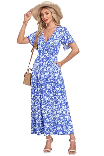 AUSELILY Boho Kleid Damen Lang Bodenlang Hohe Taille Lässiges Lockeres Sommerkleid mit Taschen Blaue Blumen XL 2