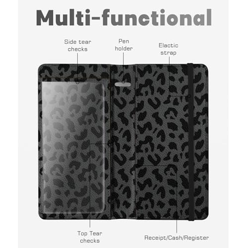 Image of Checkbook Cover for Men Women, Premium Leather Checkbook Holder with RFID Blocking and Built in Clear Plastic Divider for Personal and Business Checks (Leopard-Black)