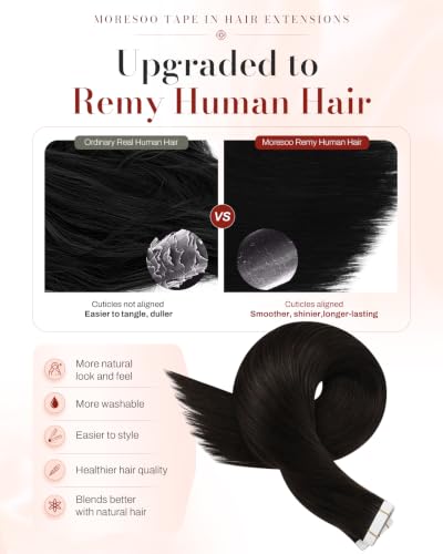 Image of Moresoo Darkest Brown Human Hair Extensions Tape in, 16in, 40Pcs, 100g | Tape hair extensions, Remy straight texture, espresso brown tone, higher density for layered blowouts and office wear