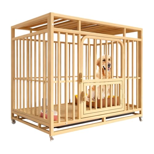 Deronder 犬用ケージ、ドッグハウス、中型犬から大型犬、厚めの角管、ペットケージ、トイレ付き、金属製の犬小屋、ケンネル、車輪付き、移動が簡単、強くて耐久性があり、逃げにくい、組み立てが簡単 (110*72*95cm,イエロー)