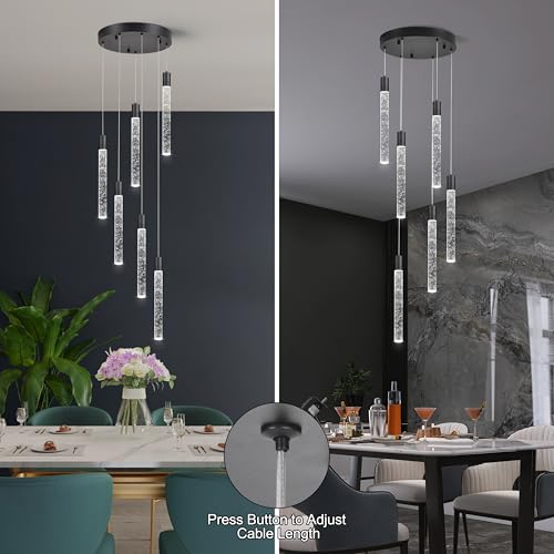 Image of 6 Light Pendant Lights,LED Bubble Crystal Pendant with Dimmable,Black