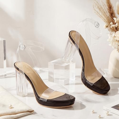 Image of ZriEy 4-Inch Platform Clear High Heels for Women Block Chunky Heeled Sandals Open Toe Ankle Strap Heels Wedding Party Evening Prom Dress Pump Sandal Shoes