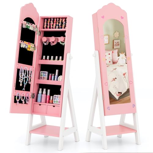 HONEY JOY Kids Jewelry Armoire Cabinet, Wooden Free Standing Jewelry Organizer w/Full-length Mirror and Storage Drawers, Storage Shelves, Children Dress Up Jewelry Cabinet for Little Girls (Pink)