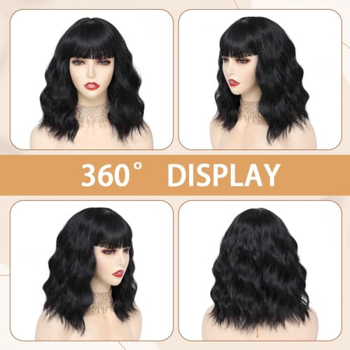 Image of Pastel Black Wavy Bob Wig for Women, Short Shoulder Length Synthetic Wig with Bangs, Natural Looking Lightweight Hairpiece for Daily Wear & Cosplay Costume Party