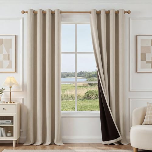 Image of FMFUNCTEX 100% Blackout Curtains for Bedroom, Khaki Curtains 84 Inches Long Textured Thermal Insulated Curtains for Living Room Drapes, Black Out Drapery Grommet Room Darkening 2 Panels