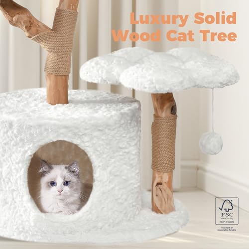 Image of Easyego Modern Cat Tree, 40.5 inch Aesthetic Wood Cat Tree Tower for Large Cats, Luxury Cat Condo with Scratching Posts and Flower Platforms, Cat Furniture, White