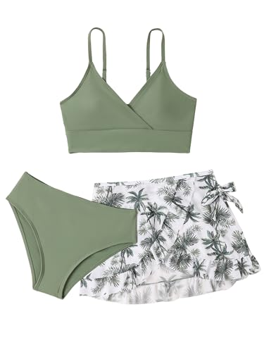 Xnihocha 3 Stück Bikini Set Mädchen Teenager Bikinioberteil mit Triangel Bikinihose und Rock Hawaii UV Schutz 50+ Schwimmanzug für 8-16 Jahre Grün 158-164
