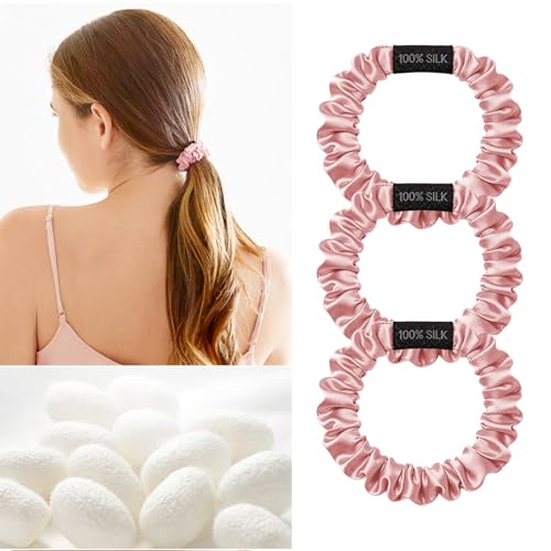 Image of THXSILK 100% Mulberry Silk Scrunchies 3-Pack, 25 Momme Mulberry Silk Hair Ties for Women, Sleek Low Profile No Damage Ponytail Holders, for Fine Hair & Everyday Use, Pink