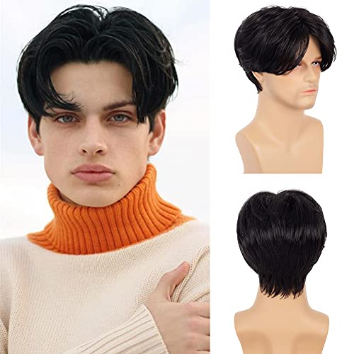 Image of Swiking Men Wigs Short Black Straight Middle Part Synthetic Hair for Male Guy Halloween Cosplay Party Wigs with Cap (Black)