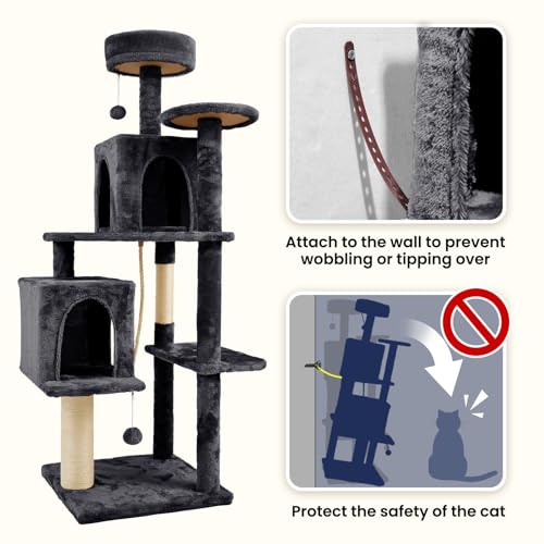 Árbol para gatos 58 in con rascador y juguete gris negro miniatura 5