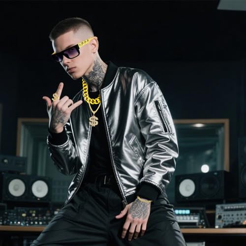 GWAWG 5Pcs Hip Hop Costume, 80s/90s Hip Hop Fancy Dress Accessories for Women Men Fake Gold Chain Bracelet, Hip Hop Ring, Fake Dollar Sign Necklace,Hippie Glasses for Hippie Rapper Disco Outfit - Image 3