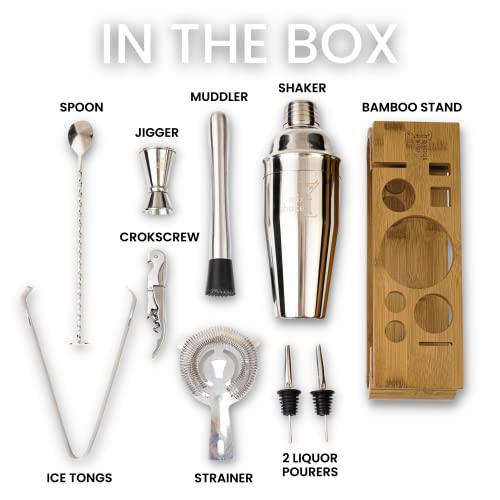 Mix It Shake It: 10-Piece Premium Bartender Kit With Designer Bamboo Stand, Bar Tool Set | Perfect Home Bar Set & Martini Cocktail Shaker Set | Perfect For Gift, Drink Mixing & Party (Silver) #TOP4