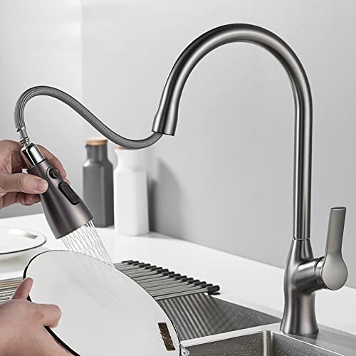 Mitigeur d'évier de cuisine laiton gris pivotant robinets de cuisine avec douchette - 3