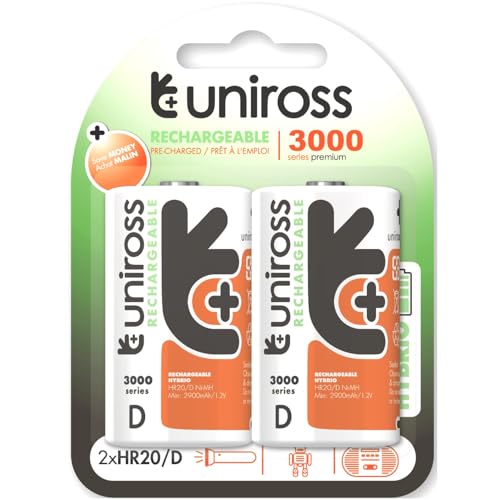 Uniross Pack de 2 Piles Rechargeables D/HR20 3000 NIMH HYBRIO, 1.2V