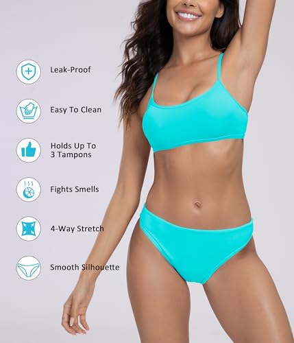Image of Beautikini Period Spaghetti Straps Bikini Swimwear Bathing Suit for Women | Leakproof Bathing Suit,Removable Pads,Tie Back Spaghetti Straps,4-Layer Leak Proof Lining,Bikini Top and Low Waist Bottoms