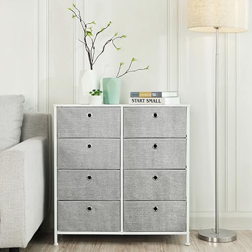 SONGMICS Chest of Drawers, Storage Unit with 8 Easy Pull Fabric Drawers, Dresser, Organiser Unit with Metal Frame, Tabletop, for Closet, Nursery, Light Grey and White LTS24W