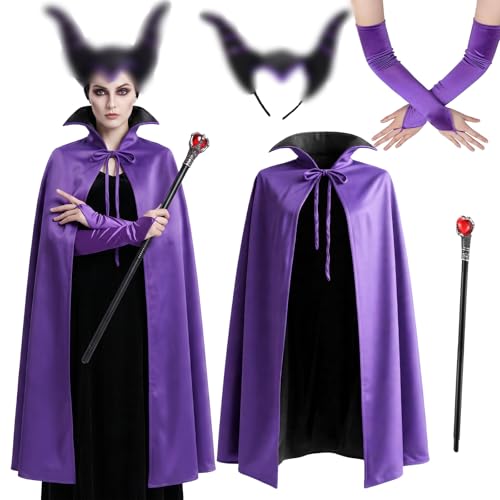 PANMAY Evil Queen Costume for Women Gothic Witch Cape Purple Cloack Horns Cane Gloves Halloween Cosplay Party Dress Up