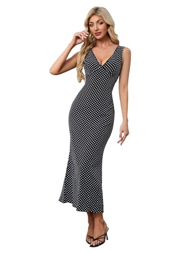 Women's Polka Dots Tie Back Dress Deep V Neck Sleeveless Maxi Going Out Dresses