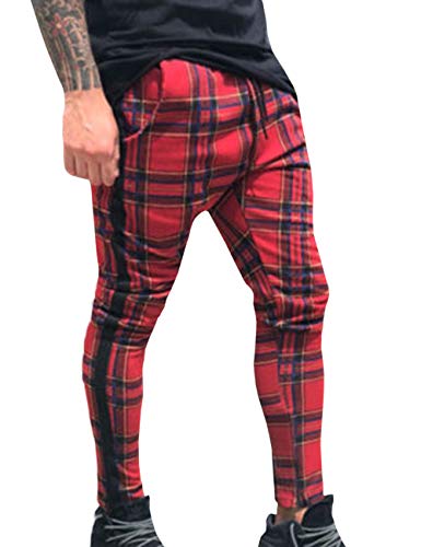 SOMTHRON Pantalones de chándal para hombre, ajustados y ajustados, a cuadros, con cordón, a rayas, rojo, XL Cover