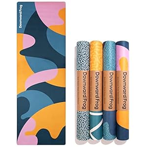 Downward Frog Colourful Patterned Yoga Mat for Bikram, Hot Yoga, Fitness, Pilates & Meditation – Eco Natural Rubber Base, Vegan, Microfibre Towel Surface – Lightweight, Foldable, Travel Mat