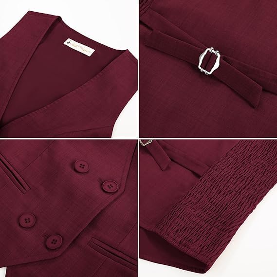 Belle Poque Kamizelka damska w stylu vintage, bez rękawów, dekolt w serek, dwurzędowe obszycie, kamizelka z kieszeniami