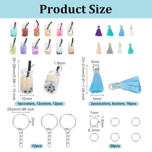 OLYCRAFT 60pcs Bubble Tea Keychain Kit Colorful Boba Keychains Making Kit Milk Tea Keychain Accessories Boba Charms Milk Cup Pendants with Tassels Keychains Rings for DIY Jewelry Making