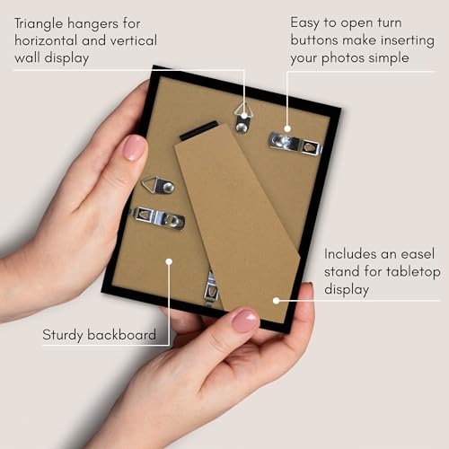 Americanflat 4x5 Picture Frame with Shatter-Resistant Glass - Streamline Collection - Thin Border Photo Frame for Tabletop and Wall Display - Hanging Hardware and Easel Stand Included - Black