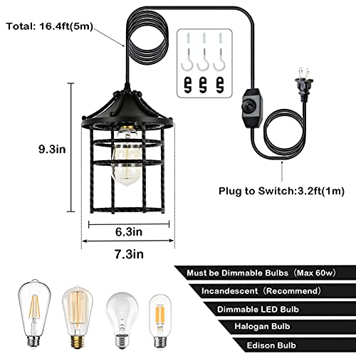 Airposta Vintage Pendant Light With 16' Plug In Cord And On/Off Dimmer Switch, Industrial Oil Rubbed Hanging Light Fixture Swag Ceiling Chandelier Lamp For Bedroom,Kitchen,Porch #TOP3