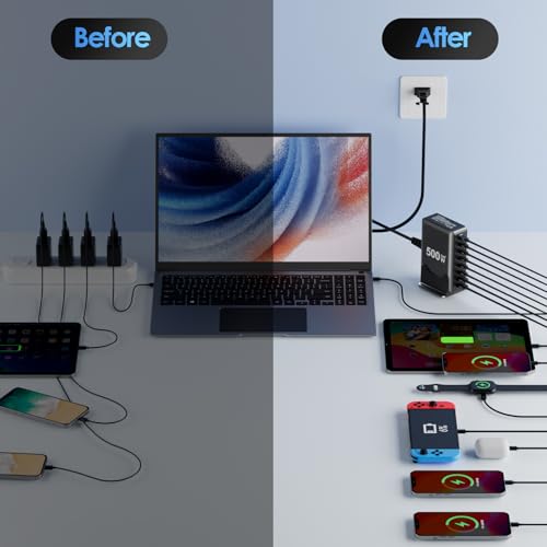 Image of 500W USB C Fast Charger Block, 8 Port Charging Station, GaN Ⅲ Multi Port Charging Station Hub for Multiple Devices, Multiport USB Charger Station Compatible with MacBook iPhone iPad Dell