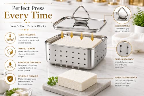 Image of Kanshita's Rasoiware Stainless Steel Paneer Maker Mould, 350ml, Square Paneer & Tofu Press with Lid, Whey Separator, Food Grade Cheese Making Container, 11.7 x 4.5 cm