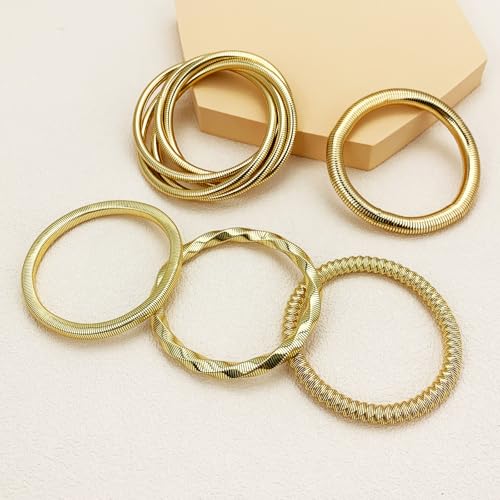 YBMYCM 5PCS Gold Bangles Bracelets for Women Chunky Stretch Bracelet Set Stainless Steel Chain Flexible Wide Wristband Bangle Stackable Layered Bracelets Gift Jewelry4